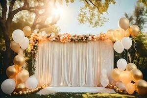 een bruiloft backdrop met goud ballonnen en wit bloemen. ai-gegenereerd foto