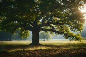 de zon schijnt door de bomen in een veld. ai-gegenereerd foto