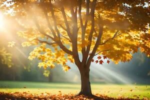 herfst boom met bladeren Aan de grond. ai-gegenereerd foto