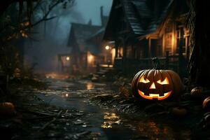 eng pompoen en huis in nacht van vol maan Aan halloween viering concept. spookachtig halloween achtergrond met pompoen. vuil huis en pompoen Aan halloween viering concept door ai gegenereerd foto