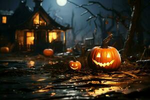 eng pompoen en huis in nacht van vol maan Aan halloween viering concept. spookachtig halloween achtergrond met pompoen. vuil huis en pompoen Aan halloween viering concept door ai gegenereerd foto