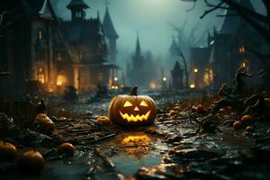 eng pompoen en huis in nacht van vol maan Aan halloween viering concept. spookachtig halloween achtergrond met pompoen. vuil huis en pompoen Aan halloween viering concept door ai gegenereerd foto