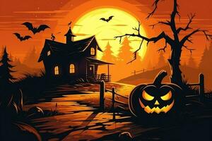 eng pompoen en huis in nacht van vol maan Aan halloween viering concept. spookachtig halloween achtergrond met pompoen. vuil huis en pompoen Aan halloween viering concept door ai gegenereerd foto