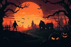 eng pompoen en huis in nacht van vol maan Aan halloween viering concept. spookachtig halloween achtergrond met pompoen. vuil huis en pompoen Aan halloween viering concept door ai gegenereerd foto