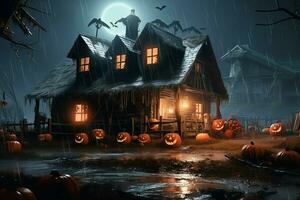 achtervolgd huis Aan halloween viering concept. spookachtig huis halloween achtergrond met uitgestorven gebouw en pompoen. eng huis met griezelig gebouw Bij nacht door ai gegenereerd foto