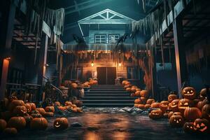 achtervolgd huis Aan halloween viering concept. spookachtig huis halloween achtergrond met uitgestorven gebouw en pompoen. eng huis met griezelig gebouw Bij nacht door ai gegenereerd foto