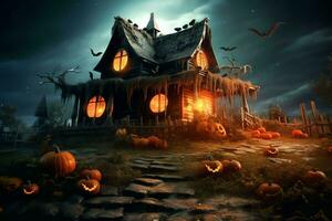 achtervolgd huis Aan halloween viering concept. spookachtig huis halloween achtergrond met uitgestorven gebouw en pompoen. eng huis met griezelig gebouw Bij nacht door ai gegenereerd foto