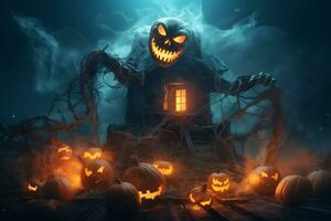 achtervolgd huis Aan halloween viering concept. spookachtig huis halloween achtergrond met uitgestorven gebouw en pompoen. eng huis met griezelig gebouw Bij nacht door ai gegenereerd foto