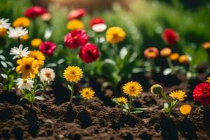 veel verschillend gekleurde bloemen zijn groeit in de aarde. ai-gegenereerd foto