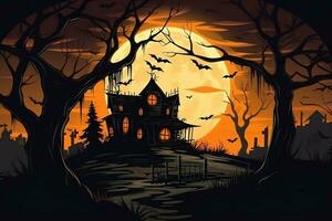 achtervolgd huis Aan halloween viering concept. spookachtig huis halloween achtergrond met uitgestorven gebouw en pompoen. eng huis met griezelig gebouw Bij nacht door ai gegenereerd foto