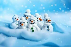 sneeuwmannen zijn gemaakt van wit plastic en zijn zittend in een rij. ai-gegenereerd foto