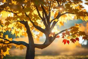 herfst boom met geel bladeren en zon schijnt. ai-gegenereerd foto