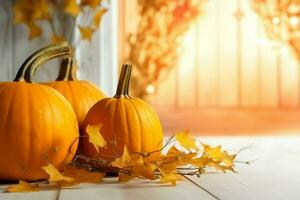 decoratief pompoen achtergrond en droog herfst bladeren Aan houten arrangement binnenshuis. halloween concept door ai gegenereerd foto