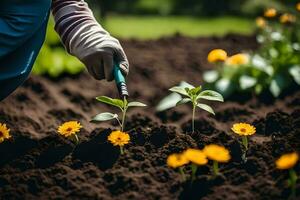 een persoon is gieter bloemen in de tuin. ai-gegenereerd foto