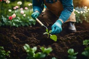 een Mens in blauw handschoenen en handschoenen is aanplant een fabriek. ai-gegenereerd foto