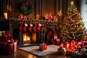 Kerstmis boom, presenteert, haard, haard mantel, haard mantel, haard mantel, haard mantel. ai-gegenereerd foto