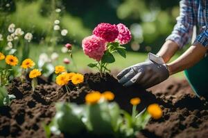 een vrouw is aanplant bloemen in de tuin. ai-gegenereerd foto