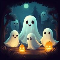een grappig geesten Aan halloween viering in een begraafplaats Bij nacht in schattig tekenfilm stijl. halloween door ai gegenereerd foto