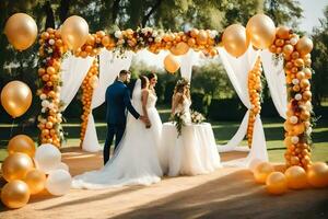 bruiloft ceremonie met goud ballonnen. ai-gegenereerd foto