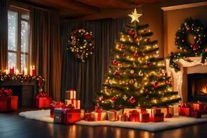 een Kerstmis boom is versierd met presenteert en presenteert. ai-gegenereerd foto