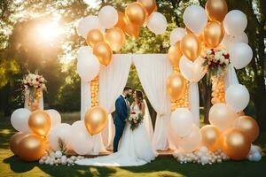 bruiloft paar in de tuin met goud ballonnen. ai-gegenereerd foto