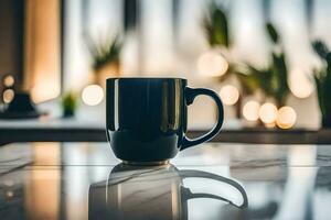 een zwart koffie mok zittend Aan een tafel in voorkant van een venster. ai-gegenereerd foto