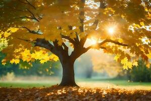 herfst boom met zon schijnend door bladeren. ai-gegenereerd foto