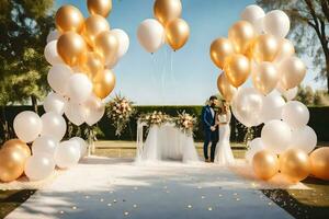 een bruiloft ceremonie met goud en wit ballonnen. ai-gegenereerd foto