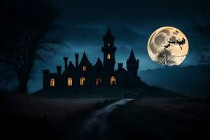 een kasteel in de donker met een vol maan. ai-gegenereerd foto