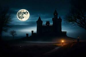 een kasteel in de donker met een vol maan. ai-gegenereerd foto