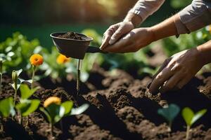 een Mens is aanplant zaden in een tuin. ai-gegenereerd foto