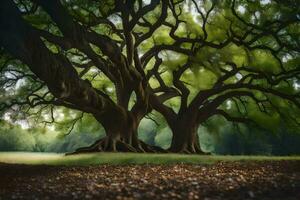 twee groot bomen in de midden- van een veld. ai-gegenereerd foto