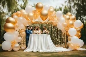 goud en wit bruiloft ballon boog. ai-gegenereerd foto