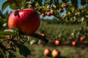 een appel boom met rood appels Aan het. ai-gegenereerd foto