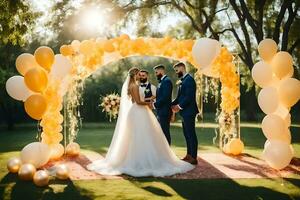 bruiloft paar onder geel ballon boog. ai-gegenereerd foto