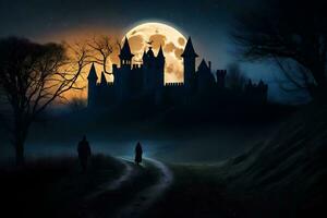 een Mens en vrouw wandelen in voorkant van een kasteel Bij nacht. ai-gegenereerd foto