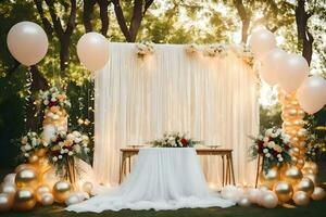 een bruiloft backdrop met goud ballonnen en wit bloemen. ai-gegenereerd foto