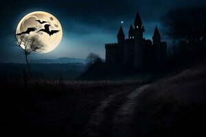 een kasteel met vleermuizen vliegend over- het Bij nacht. ai-gegenereerd foto