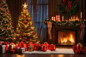 Kerstmis boom en presenteert in voorkant van haard. ai-gegenereerd foto