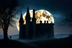 een kasteel met een vol maan in de achtergrond. ai-gegenereerd foto