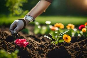 een persoon is aanplant bloemen in de tuin. ai-gegenereerd foto