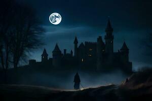een Mens wandelen in voorkant van een kasteel Bij nacht. ai-gegenereerd foto