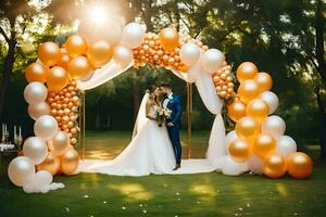 een bruid en bruidegom zijn staand onder een boog van ballonnen. ai-gegenereerd foto