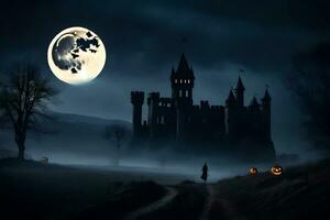 halloween kasteel met pompoenen en maan in de achtergrond. ai-gegenereerd foto