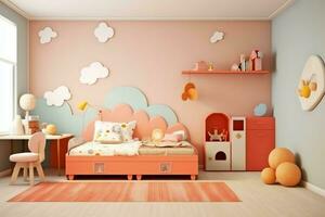 modern kind slaapkamer interieur ontwerp in huis met decoratie kinderen. kleurrijk kinderen slaapkamer concept door ai gegenereerd foto