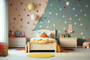 modern kind slaapkamer interieur ontwerp in huis met decoratie kinderen. kleurrijk kinderen slaapkamer concept door ai gegenereerd foto