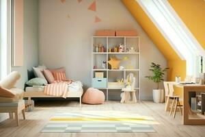 modern kind slaapkamer interieur ontwerp in huis met decoratie kinderen. kleurrijk kinderen slaapkamer concept door ai gegenereerd foto