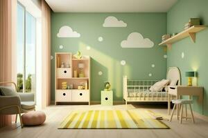 modern kind slaapkamer interieur ontwerp in huis met decoratie kinderen. kleurrijk kinderen slaapkamer concept door ai gegenereerd foto