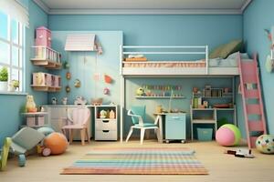 modern kind slaapkamer interieur ontwerp in huis met decoratie kinderen. kleurrijk kinderen slaapkamer concept door ai gegenereerd foto