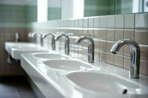 modern openbaar badkamer met rij van wit keramisch wassen wastafel bekkens en kraan met spiegel in toilet concept door ai gegenereerd foto